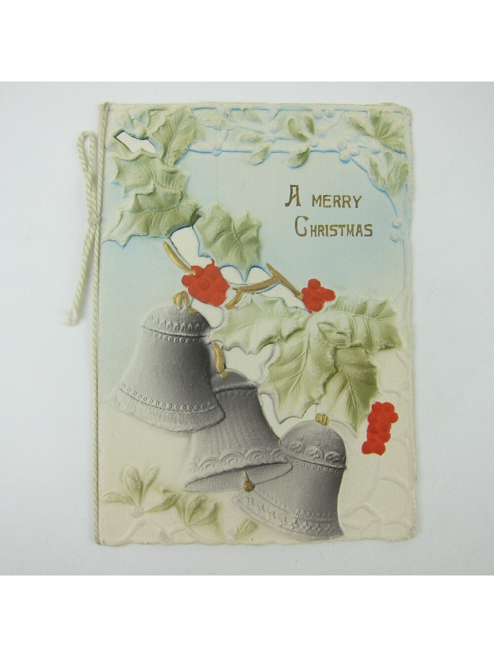 Victorian Card Christmas Die cut Holly Silver Bells 3D Embossed Booklet Antique